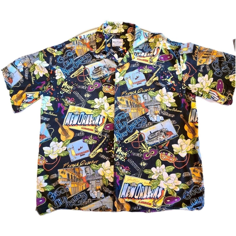 David Carey Originals New Orleans Mardi Gras Shirt Mens XL Black Jazz AOP Retro